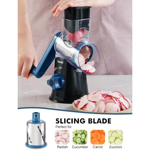 Geedel Rotary Cheese Grater, Kitchen Mandoline Vegetable Slicer with 3 Interchangeable Blades, Easy to Clean Rotary Grater Slicer for Fruit, Vegetables, Nuts