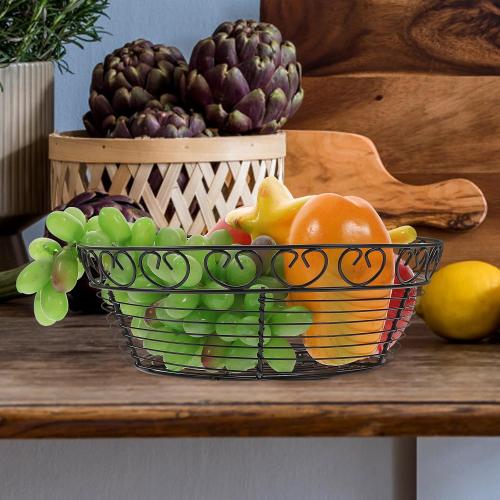 Iron Wire Bread Basket and Fruit Bowl for Kitchen Counter, Black Metal Wire Storage Basket, Round Home Fruit Holder for Table Centerpiece and Serving
