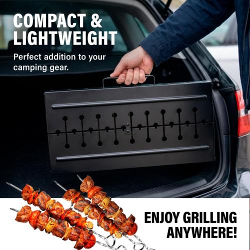 Portable Mangal Grill for 12 Skewers - Foldable Charcoal BBQ for Shashlik, Kebab, Kabob - 2mm Steel, Compact Case, Tool-Free, (Skewers Not Included)
