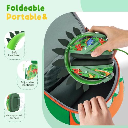 Color Green TCJJ Dinosaur Headphones for Boys to School, Kids Wired Headphones with Mic & 3.5mm Jack, Safe Volume 85/94dB,Noise Cancelling Over-Ear Headphone with Adjustable Headband for iPad/Smartphones-Green