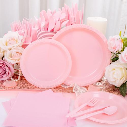 Set of 210 Color Pink WELLIFE 210 Pieces Pink Party Supplies, Disposable Dinnerware Set, Including Pink Plastic Plates, 16OZ Cups, Plastic Cutlery and Napkins Serve 30 Guests for Party