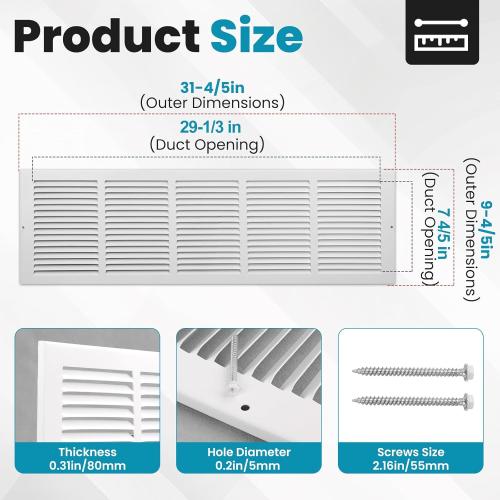 VOISEN Return Air Grille,Fits 30x8 Duct Opening,Steel Return Vent Cover, White Vent Cover Grill for Sidewall and Ceiling,HAVC Cold Air Return Vent Cover,Overall Size:31.8W X 9.8 (Little Damaged, see the picture)