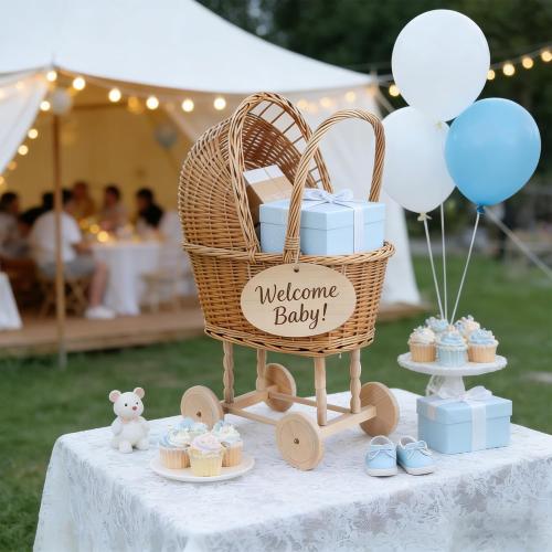 Wicker Flower Girl Basket with Handle, Vintage Rattan Baby Stroller Basket for Wedding Ceremony, Woven Baby Shower Decoration Basket for Church Parties