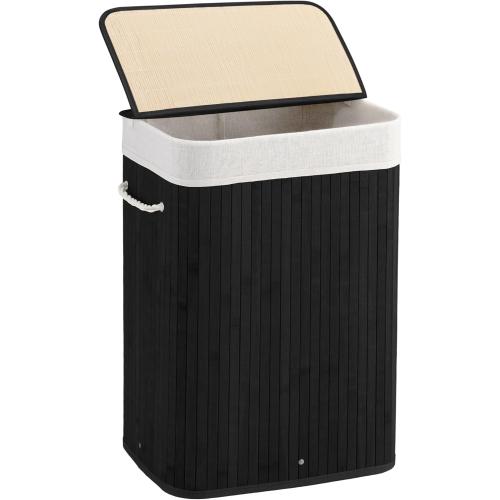 72L Slim Laundry Hamper with Lid, Foldable Bamboo Clothes Laundry Basket with Handles, Removable and Machine Washable Liner, for Bedroom, Bathroom, Dorm, Ink Black
