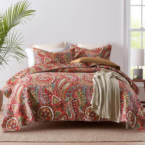 ENASAL Cotton Bedspread Quilt Sets, Reversible Bedding Coverlet Sets Comforter, Floral Paisley Bedspread (Red, King Size)