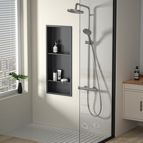 Stainless Steel Shower Niche Matte Black 30 X 12 W/ 3-Tier Shelf | Recessed shower niche no tile needed,space-saving,vertical niche, silver bathroom niche shower for shampoo & soap storage
