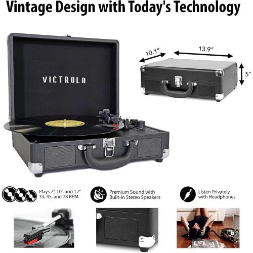 Victrola Parker – 3-Speed Bluetooth Suitcase Turntable with Built-In Stereo Speakers, Aux-In, RCA & Headphone Jack, Wireless Music Streaming (Black)