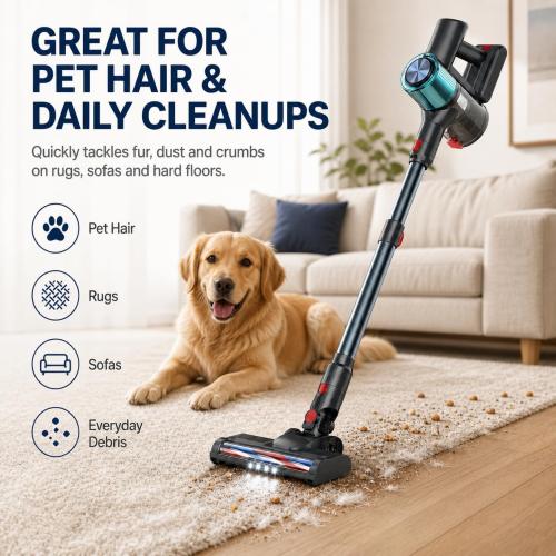 Cordless Vacuum Cleaner, Stick Vacuum for Pet Hair & Hardwood Floor, Self-Standing Rechargeable Vacuum with Smart LED Display, Lightweight Battery Powered Vacuum for Home, Dorm, & Dog Hair
