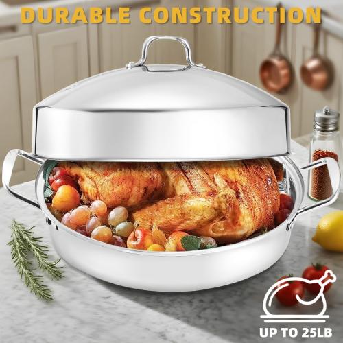 22 Large Roasting Pan with Rack and Lid,Oval Turkey Roaster Pan for oven,Stainless Steel Roasting Pan with rack,Best Gift for Mother or Father.