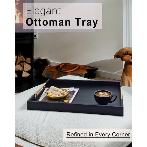 22 Inch Rectangle Black Ottoman Tray with Gold Metal Handles, Extra Large Wooden Serving Tray for Living Room, Coffee Table, Kitchen & Hosting