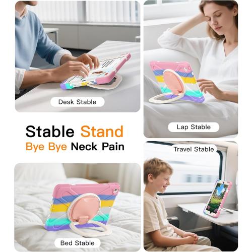 BATYUE for iPad 9th/ 8th/ 7th Generation Case (iPad 10.2 inch Rugged Case 2021/2020/2019) with Screen Protector, Rotating Stand/Pencil Holder/Carrying Shoulder Strap (Colourful Pink)