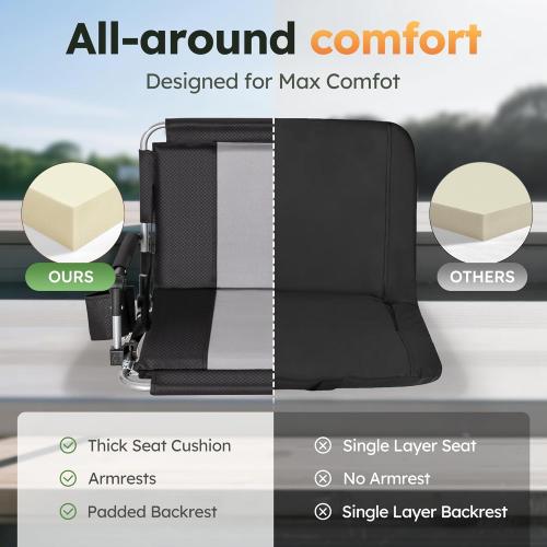 Color Black Folding Stadium Seat Bleacher Chair with Cup Holder, Mesh Bag and Hide Hooks, Portable Stadium Chair with Back and Cushion