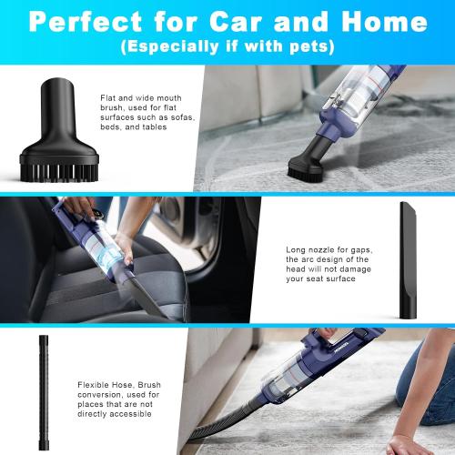 Handheld Vacuum Cordless - Car Vacuum Cleaner with Brushless Motor, 15000Pa Strong Suction with LED Light, Type C Cable, 2 Fliters, Portable Hand Vacuum for Home, Pet and Car