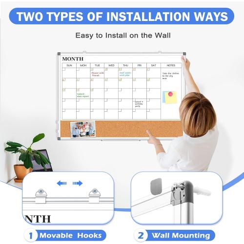 Monthly Calendar Whiteboard Dry Erase Cork Board Combo for Wall, 24 x 18 Double-Sided Calendar White Board and Bulletin Board, Portable Board for Office, Kitchen, School, Home