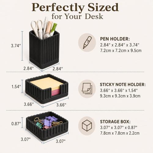 Black Desk Organizer Accessories Set, with Pen, Clip and Sticky Note Holder