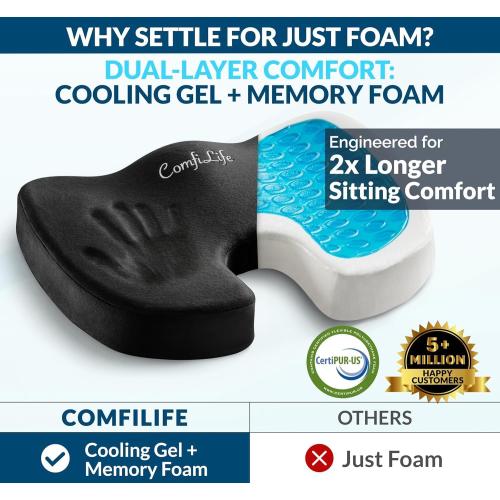 ComfiLife Doctor Recommended Seat Cushion - Premium Gel & Memory Foam Office Chair, Car Seat, Lifting Cushion - Chair Cushions for Back & Sciatica Relief - Seat Cushions for Office & Desk (Black)