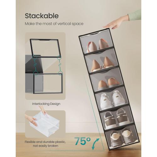 SONGMICS Shoe Boxes, Shoe Storage Organizers Rack for Closet, Plastic Stackable Sneaker Containers Case, 18 Pack, Transparent and Ink Black ULSP318B01