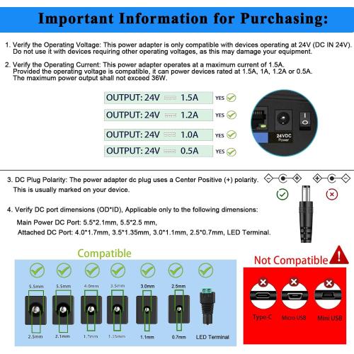 TKDY 24V 1.5A DC Power Supply Cord, fit for DC 24V 1.5A 1A 0.5A LED Light Strip, 24 Volt Light Diffuser, and More, 100-240V 50/60hz 36W 24W Power Adapter with 5 Tips (Not for Charging).