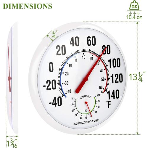 White 13.25 Circrane 13.25 Inch Round Thermometer with Hygrometer, Large Indoor Wall Patio Bimetal Weather Thermometer, No Battery Required, White