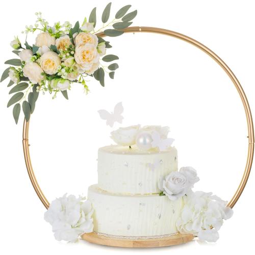 Hanobe Gold Cake Stand for Wedding: 11.7 Inch Round Arch Cupcake Display Stands with Wood Base Decorative Metal Hoop Centerpiece Decor for Party Birthday Baby Shower