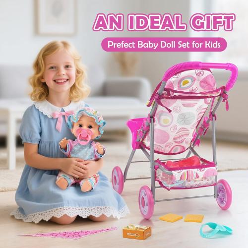 Baby Doll Stroller Set with 12.5 Doll, Baby Dining Table, Backpack with Carrier, 21 PCS Baby Doll Accessories Stroller Toys, 2 Sets Doll Clothes, Feeding Set Girls Toddlers Gifts for Pretend Play