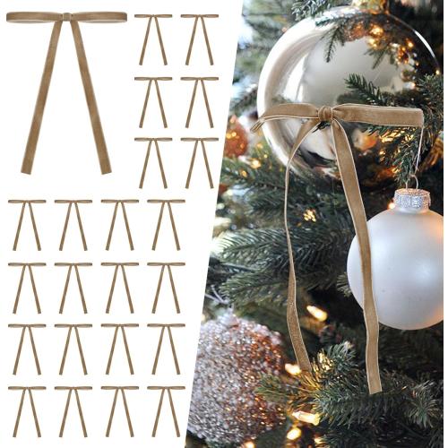 SIMISI RIBBON 24Pcs Khaki Christmas Velvet Ribbon Bows Decorations Xmas Ornaments Vintage Decor for Tree, Wreath, Garland (3/8'' Width, 5 * 7 inch)