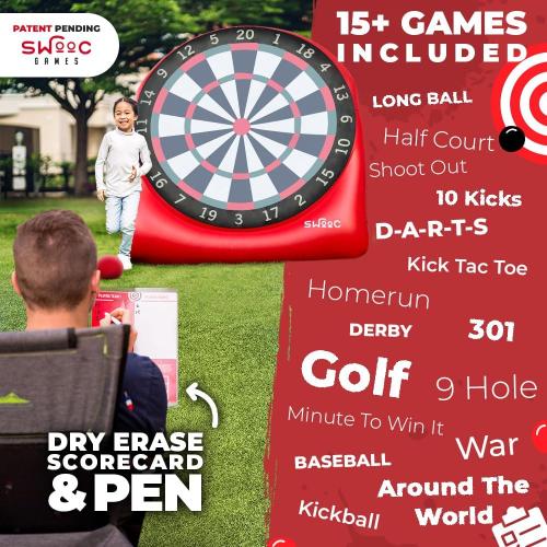 Swooc Games - Premium Inflatable Giant Kick Darts (15  Ways to Play) - Jumbo Soccer Dartboard with Air Pump - Big Carnival Games - Giant Outdoor Games - Oversized Dart Board Yard & Lawn Game