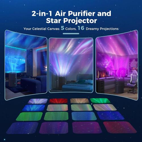 AROEVE Air Purifier for Large Rooms up to 1,782 Sq. Ft. with Star Projector, Smart WiFi, Air Quality Sensor, UV Function, and Washable Filter for Whole Home Use for a Cozy Holiday, MK09W Black