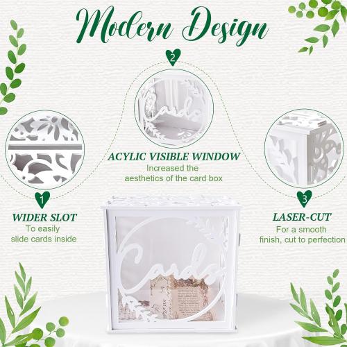 OurWarm White Wedding Card Box for Receptions, PVC Gift Card Box for Wedding with Acrylic Windows, Rustic Envelope Money Gift Box for Anniversary Bridal Baby Showers Graduation Birthday Party