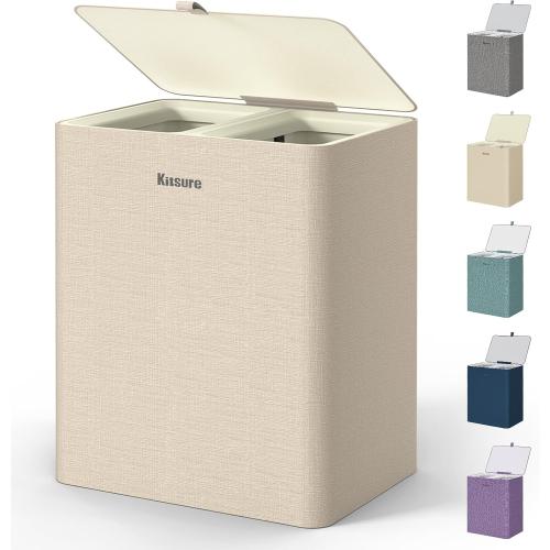 Kitsure Laundry Basket 160L – Large Laundry Hamper with Lid, 2-Compartment Divided Clothes Sorter with Removable Hamper Bags, Beige Organizer for Laundry Room, Bathroom & Bedroom, 22.2 x 16 x 27.4
