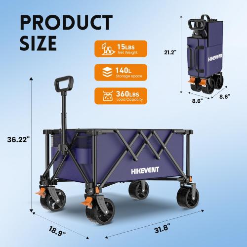 Color Blue Collapsible Wagon Cart, 360LBS Heavy Duty Foldable Beach Wagon with Wider Wheels, Utility Grocery Shopping Cart for Garden, Camping, Sports, Navy Blue