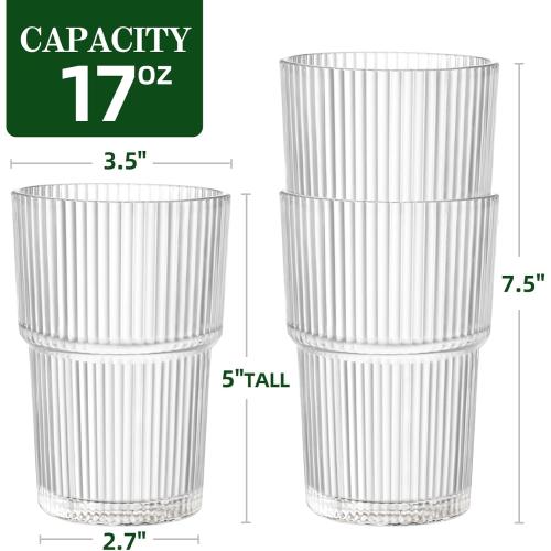 17oz Shatterproof Ribbed Glasses, Plastic Tumblers for Poolside – Clear Acrylic Cups, Stackable & Reusable, Dishwasher Safe Drinkware – Set of 8