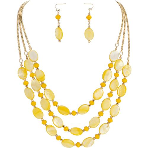 Firstmeet 3-Layer Mother of Pearl Beads Necklace with Earrings Oval Beads Pendant Jewelry for Women