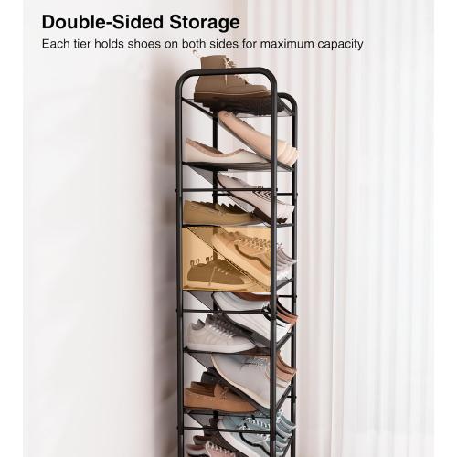 STO STO 8-Tier Narrow Shoe Rack with Lockable Wheels, Double-Sided Vinyl Mesh Shelf Shoe Organizer for Up to 30 Pairs, Slim Space Saving Metal Rolling Shoe Storage for Entryway, Closet, Hallway