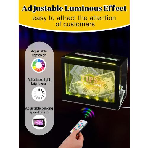 Light Up Tip Jar for Money - Acrylic Donation Ballot Box for Bartender with 2 Sign Holders, Re-mote, LED Light, Lock- Suggestion Box Tip Box for Restaurants Musicians Voting Charity, USB Powered