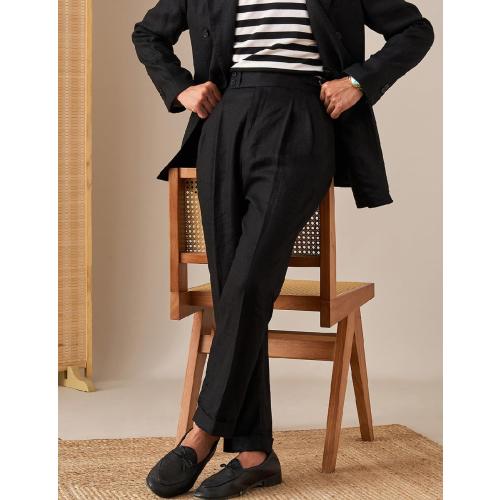 Men's Medium Linen Pants Casual High Waist Adjustable Pants Summer Beach Lightweight Pants Italian Style