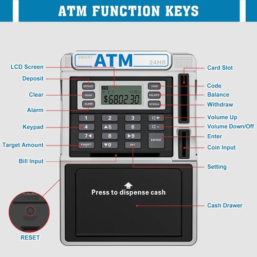 ATM Piggy Bank for Kids Rechargeable, Power-Off Memory for Real Money Safe with Debit Card, Coin Recognition,Bill Feeder,Balance Calculator, Kids ATM Machine for Boys Girls