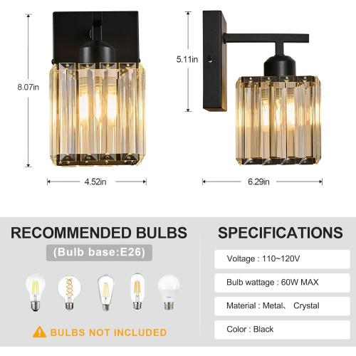 Modern Wall Sconce Set of Two Indoor Wall Lamp Black Wall Sconces Crystal Wall Light Bathroom Vanity Light Fixtures Wall Mounted Room Sconce Wall Lighting