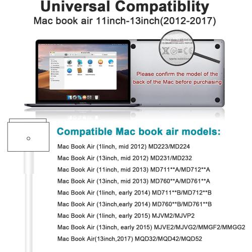 60W Charger for MacBook Pro, 60W Magnetic2 T-Tip Power Adapter Charger Replacement for Mac Pro/air 11/13 Inch (Between 2012-2017)