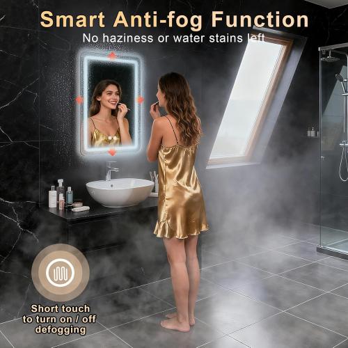 LED Bathroom Mirror, 16 x 24 Inch Anti-Fog Wall Mirror with Lights Stepless Dimmable, Lighted Bathroom Mirrors for Wall, Rectangle Bathroom Vanity Mirror with Front and Backlight, Vertically Only