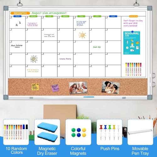 Monthly White Board Calendar Dry Erase Cork Board Combo for Wall, Double-Sided 36 x 24 Magnetic Calendar Whiteboard & Bulletin Board, Portable Dry Erase Board for Home, Office, School