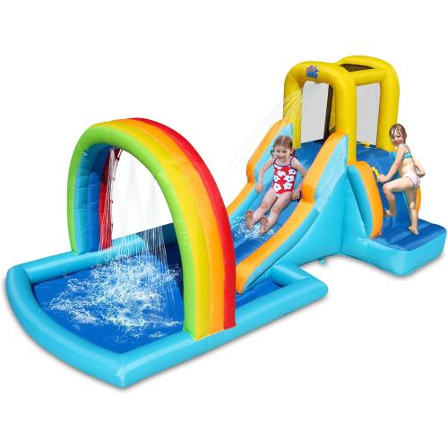 157x79x71 Action Air Inflatable Water Slide, Bounce House with Slide for Wet and Dry, Kids Backyard Waterpark for Summer Fun, Rainbow Splash Pool for Age 3-8, Love for Kids
