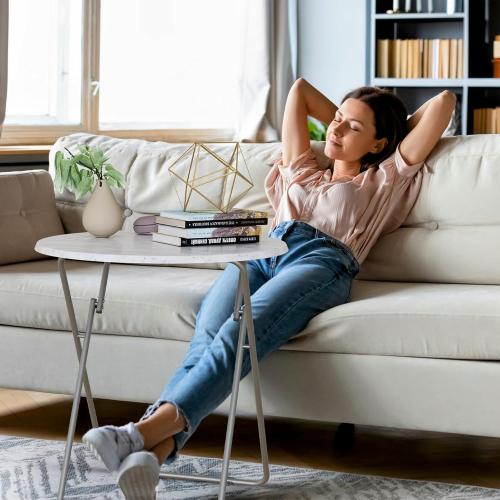 TV Tray Table, Round Folding Table, Foldable Snack Tray for Eating, Small Folding Table Set of 2, Dinner Table for Couch, Living Room, Small Space (White Marble, 2Pcs)