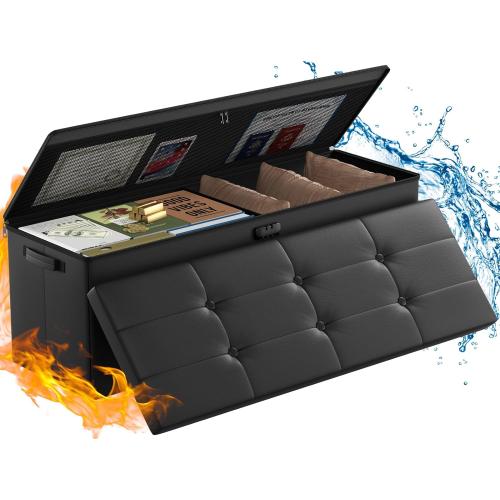 ENGPOW Storage Ottoman, Fireproof Folding Bench with Lock(15”x 43”x15”), Water-Resistant ＆ Heat Insulation Large Storage Chest with Handles＆2 Extra Boxes Safe for Living Room, Bedroom, Home, Black
