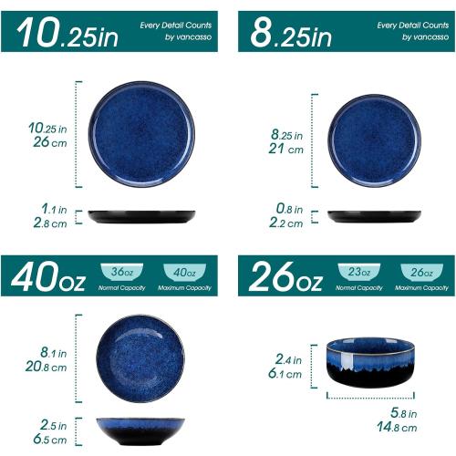 vancasso Starry Plates and Bowls Sets for 6, 24 Pieces Dinnerware Sets, Blue Reactive Glaze Dishes Sets for Kitchen, Scratch Resistant Stoneware Dishes Set, Dishwasher and Microwave Safe