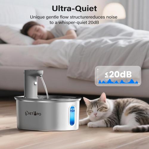 Wireless Cat Water Fountain Stainless Steel, 108oz/3.2L Cat Fountain Battery Operated, Automatic Cordless Water Fountains for Cats Indoor with Auto Shut Off Pump, Pet Water Dispenser for Cats Dogs