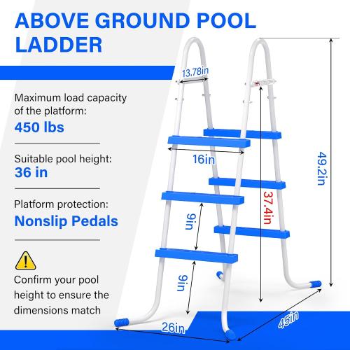Heavy Duty Steel Frame Swimming Pool Ladder for Above Ground Pools | 3-Step Double-Sided Pool Stairs for 36 Height Pools, 450lbs Capacity with Anti-Slip Rubber Feet & Wide Steps