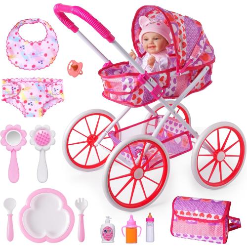 BABESIDE 10 Pcs Baby Doll Stroller Set with Feeding Doll Accessories, Baby Doll Stroller Toys for 12 Inch Dolls, Pretend Play Feeding Toy (Doll Not Included)