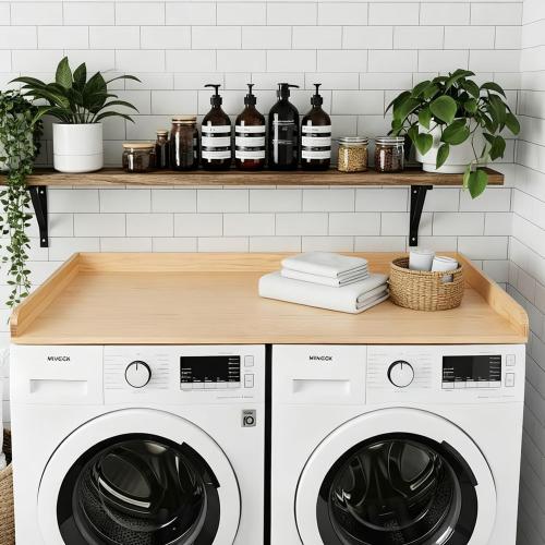 Laundry Room Washer and Dryer Countertop for Organization, 27.5 W x 54 L Solid Pine Wood Washer Dryer Countertop, Laundry Machine Topper with Edge Rails and Non-Slip Pads