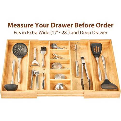 Umilife Extra Large Expandable Kitchen Drawer Organizer for Utensil and Junk, 19 Deep for Big Drawer, 17 to 28 Adjustable Bamboo Wood Drawer Divider, Cutlery Tray, Flatware Holder